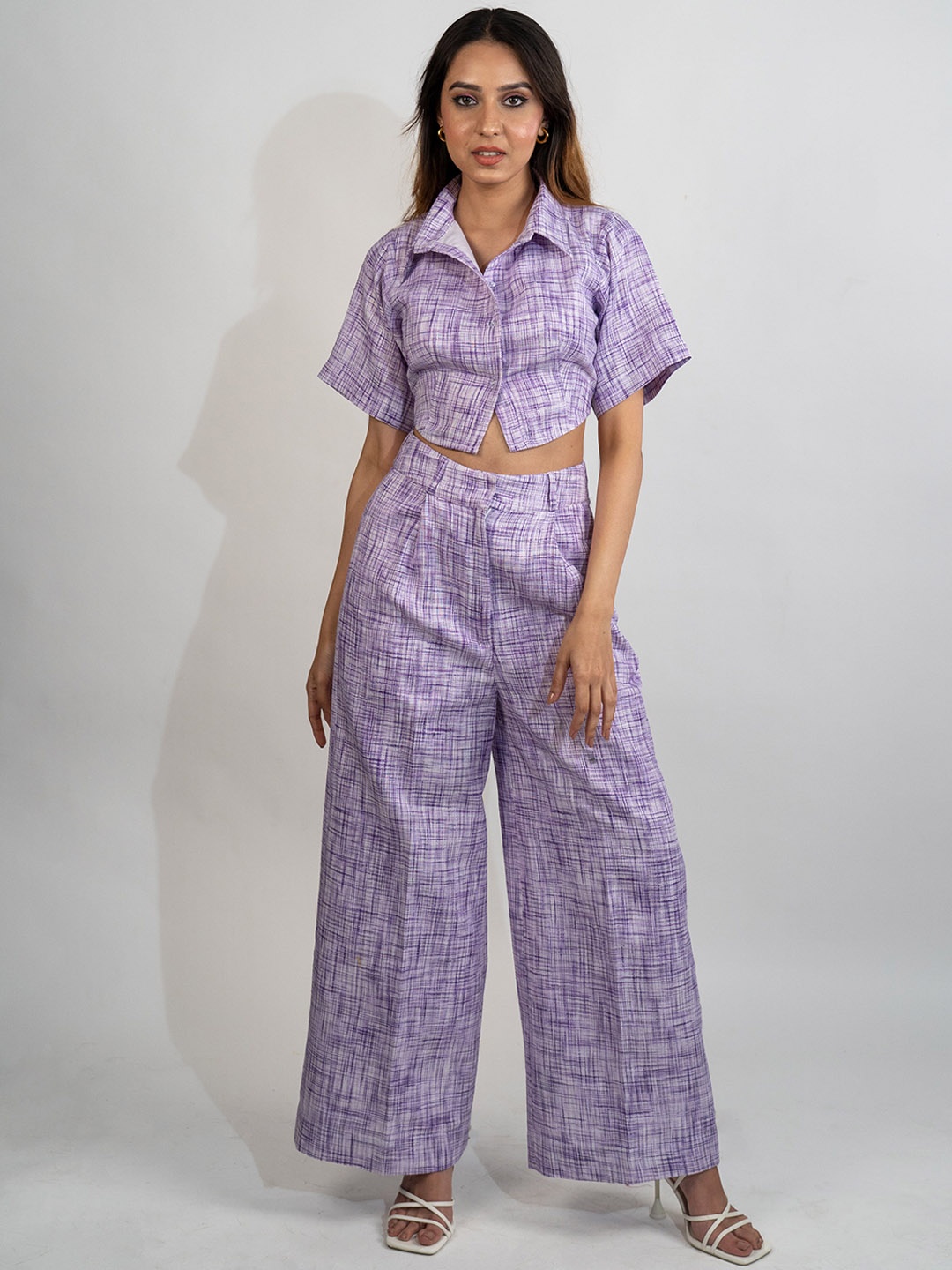 

POPPI Women Printed Crop Shirt & Trouser, Purple