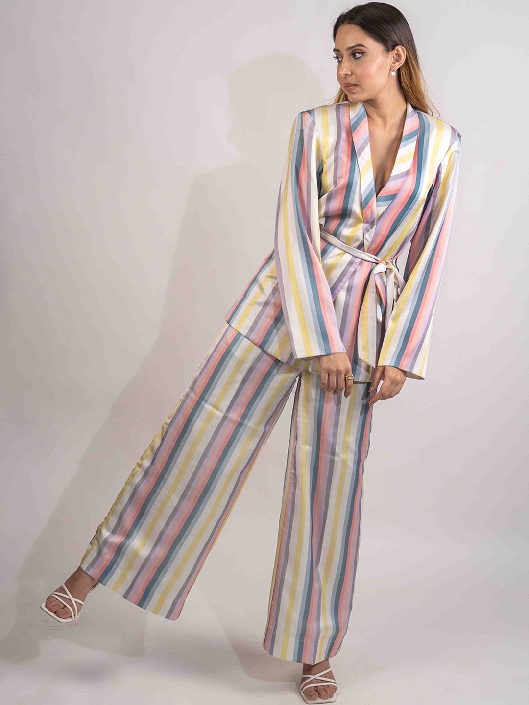 

POPPI Coloured Striped Shawl Neck Top & Palazzos, Blue