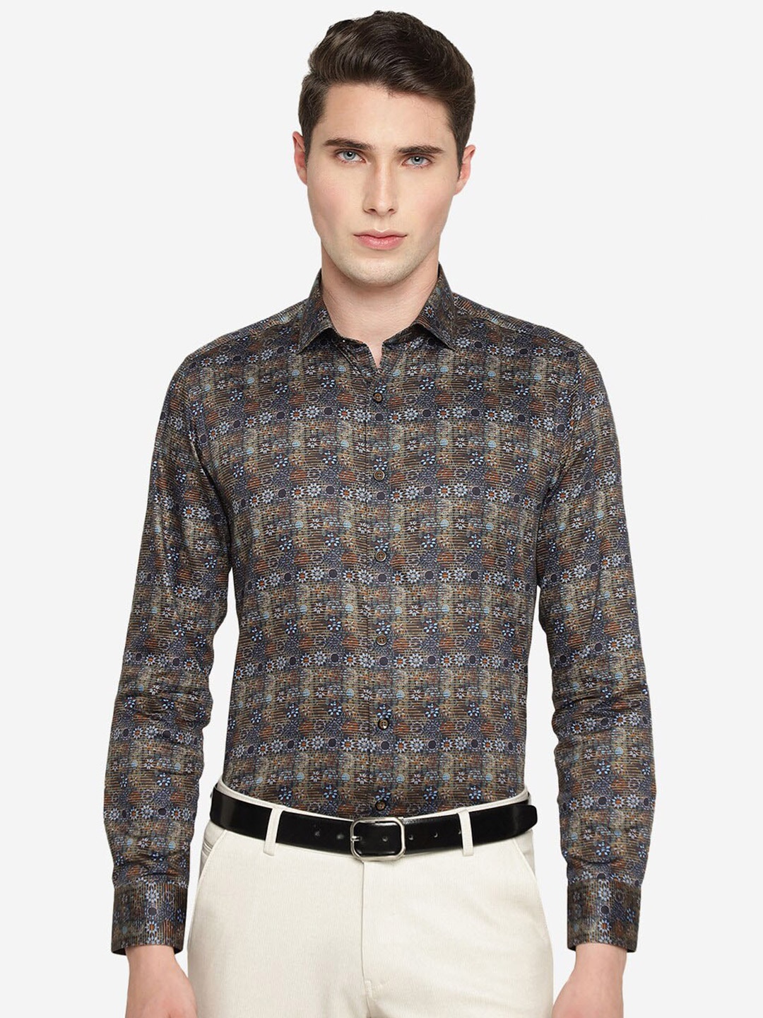 

JB STUDIO Slim Fit Floral Printed Tartan Checks Pure Cotton Formal Shirt, Brown