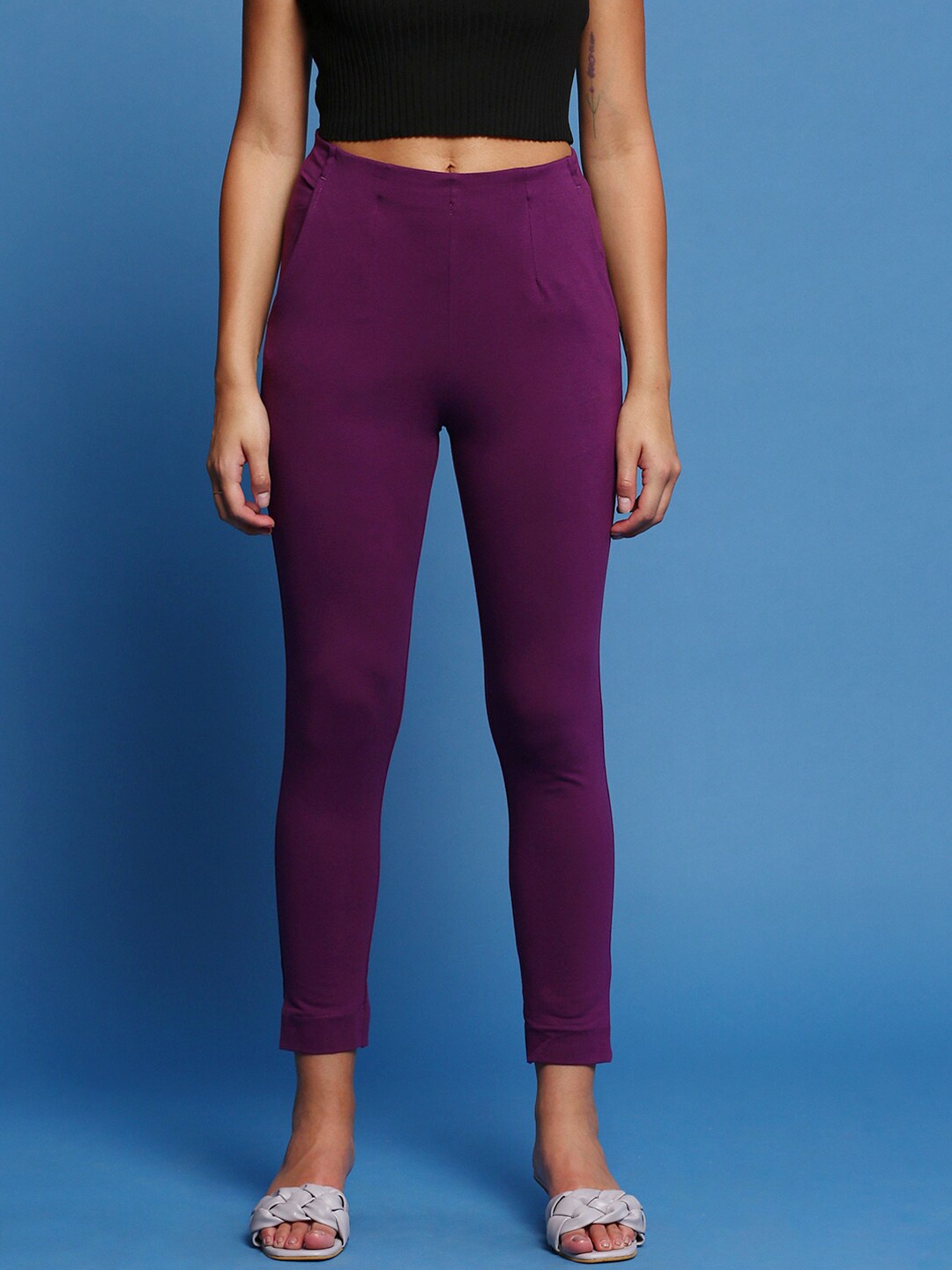 

De Moza Women Slim Fit Plain Cotton Cigarette Trousers, Purple