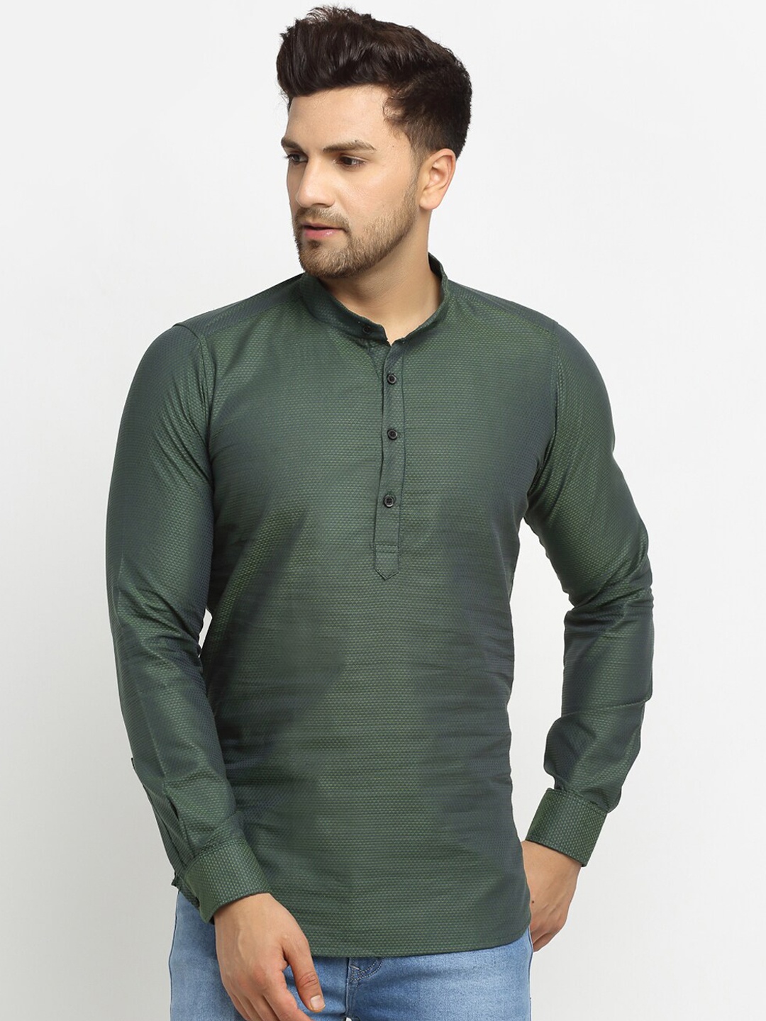 

Cross Court Woven Design Mandarin Collar Pure Cotton Short Kurta, Green