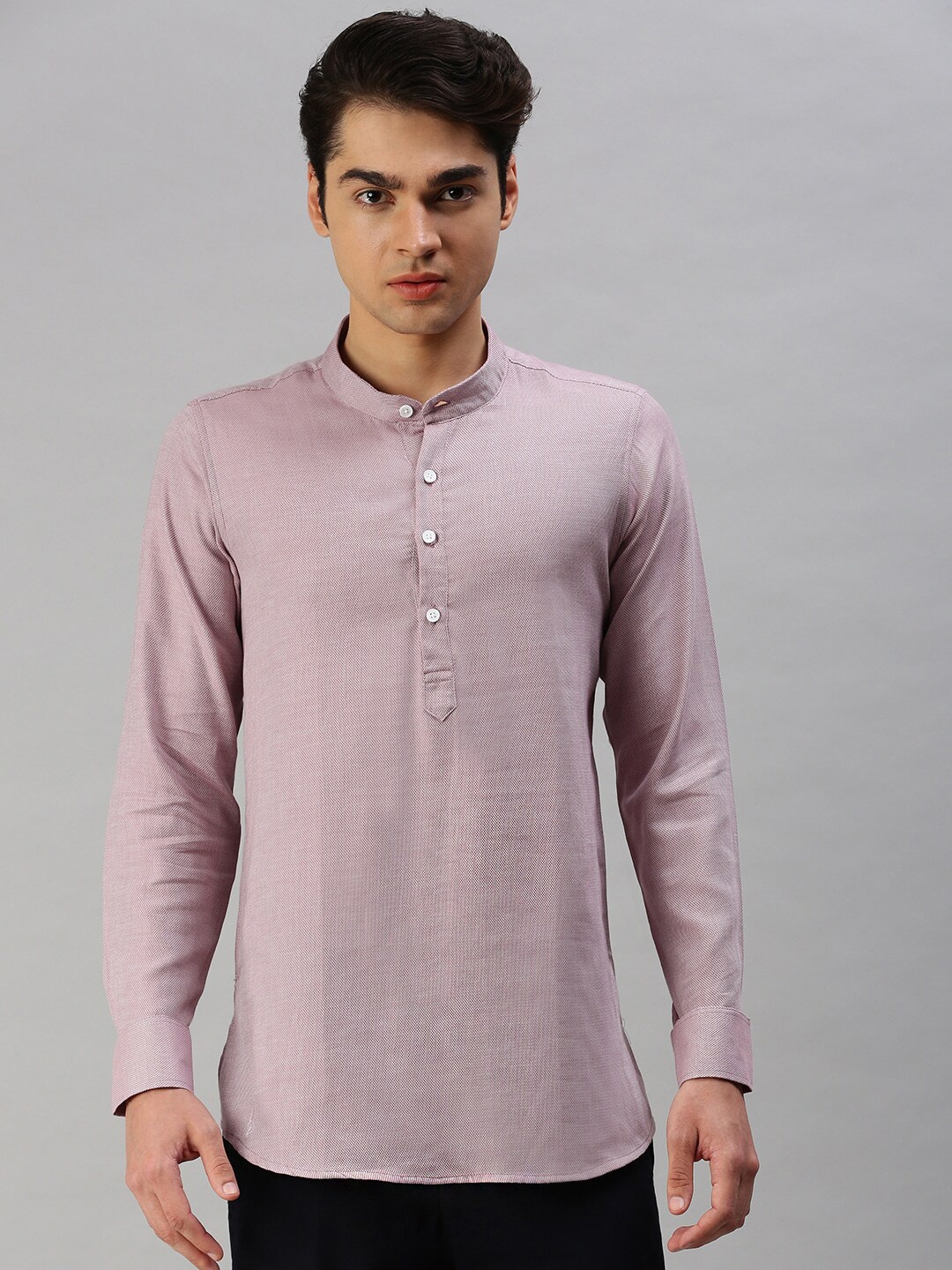 

Cross Court Woven Design Band Collar Pure Cotton Short Kurta, Lavender