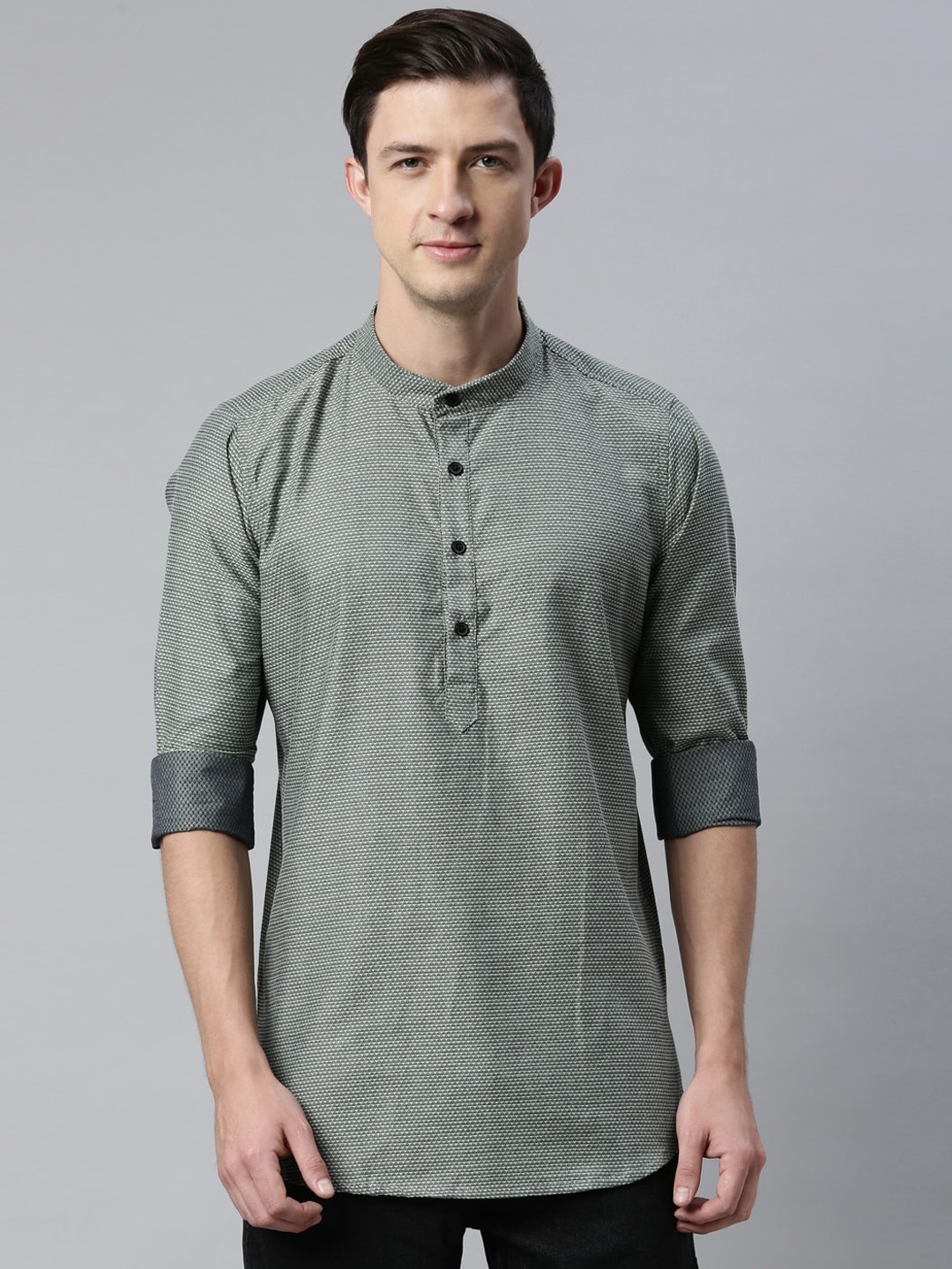 

Cross Court Woven Design Band Collar Pure Cotton Short Kurta, Olive
