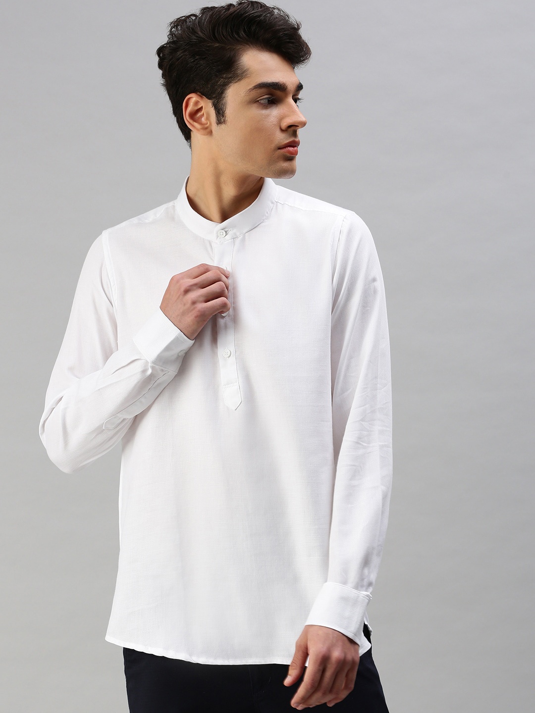 

Cross Court Band Collar Pure Cotton Short Kurta, White