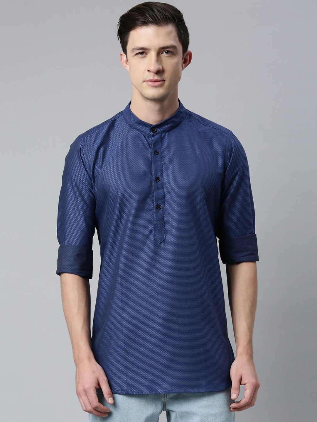

Cross Court Woven Design Mandarin Collar Pure Cotton Short Kurta, Blue