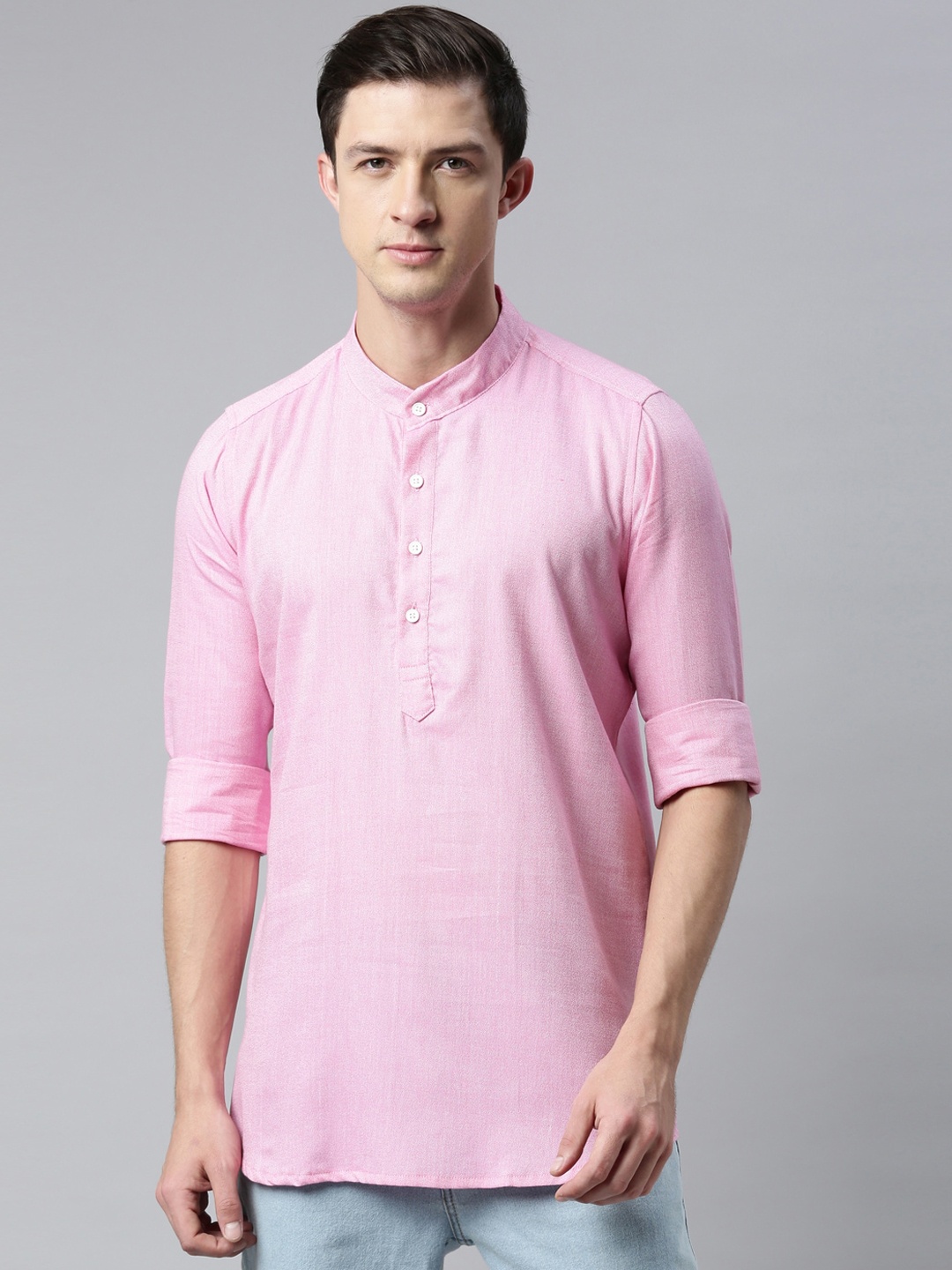 

Cross Court Band Collar Pure Cotton Short Kurta, Pink