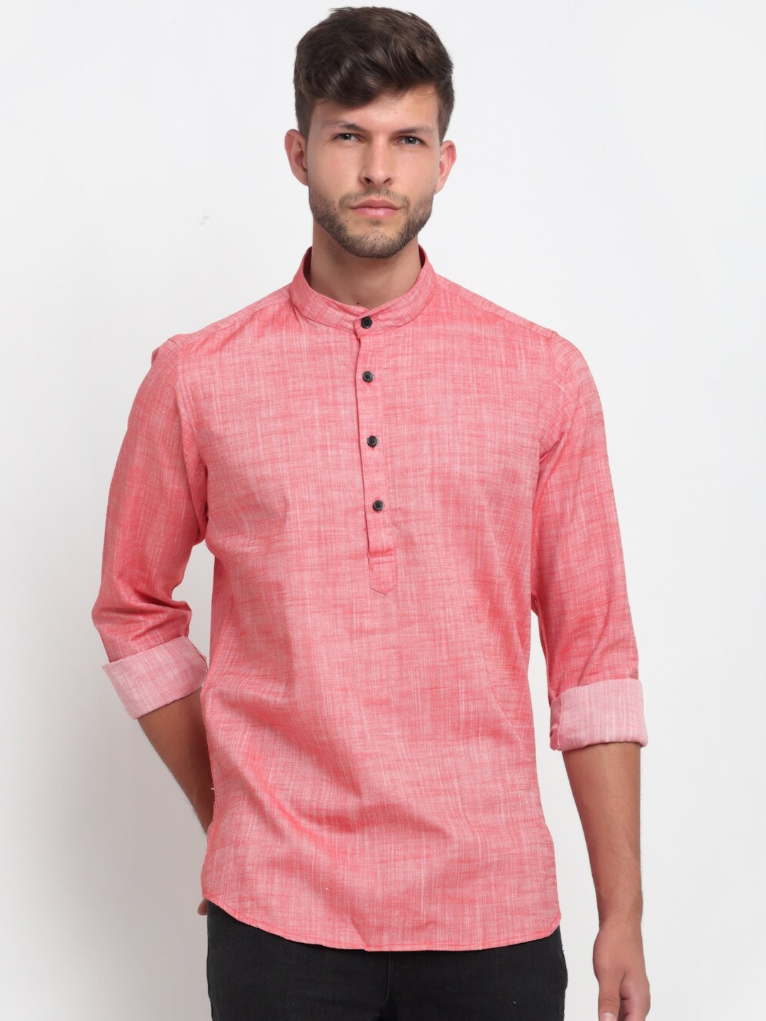 

Cross Court Mandarin Collar Pure Cotton Short Kurta, Red