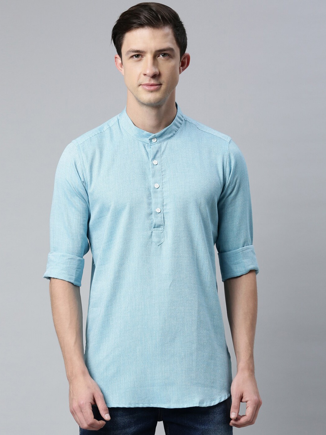

Cross Court Mandarin Collar Pure Cotton Short Kurta, Turquoise blue