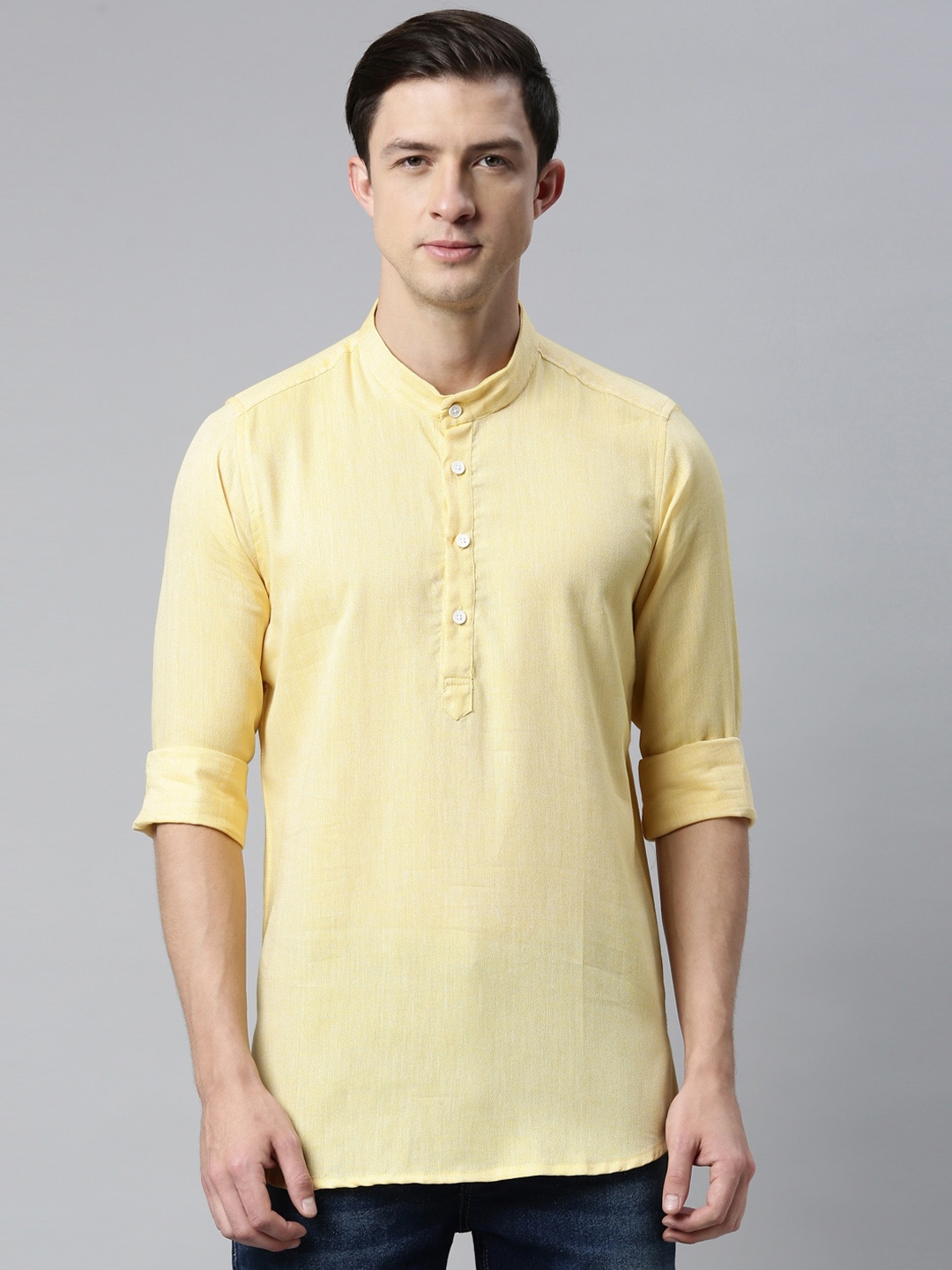 

Cross Court Mandarin Collar Pure Cotton Short Kurta, Yellow