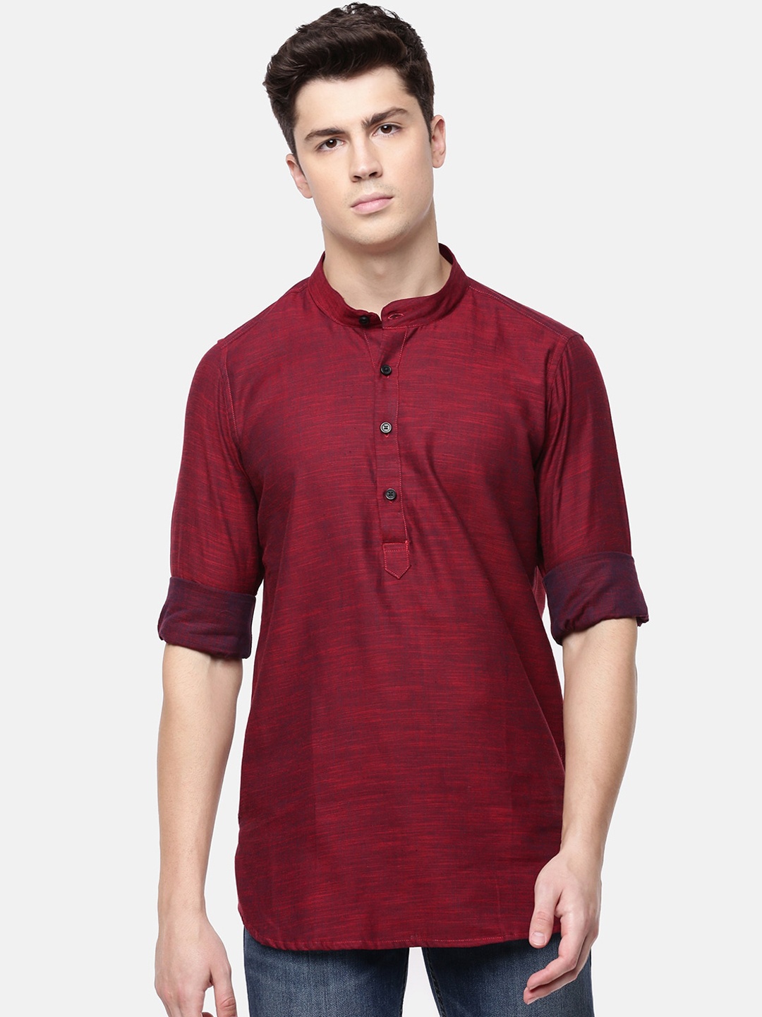 

Cross Court Band Collar Pure Cotton Short Kurta, Red