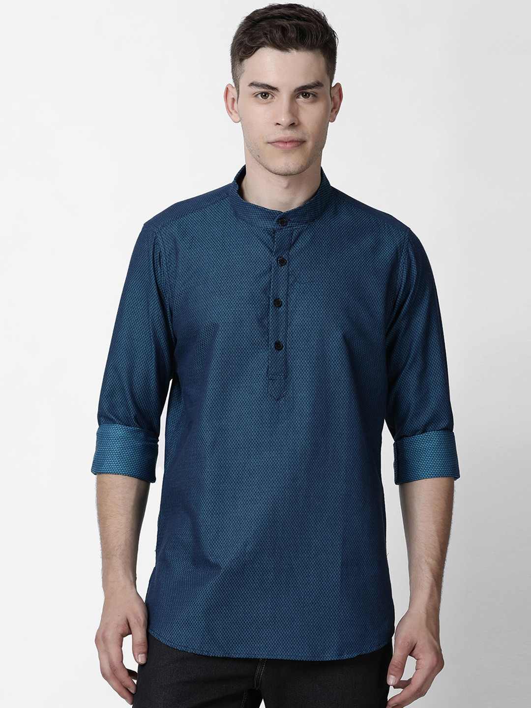 

Cross Court Woven Design Band Collar Pure Cotton Short Kurta, Teal