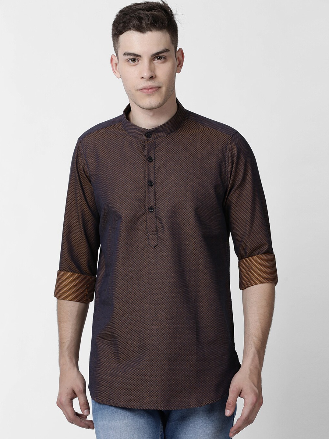 

Cross Court Woven Design Band Collar Pure Cotton Short Kurta, Brown