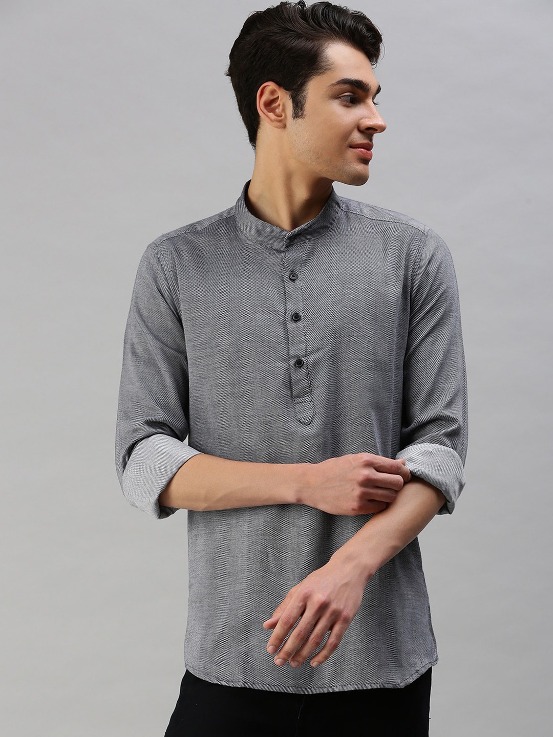 

Cross Court Woven Design Band Collar Pure Cotton Short Kurta, Grey