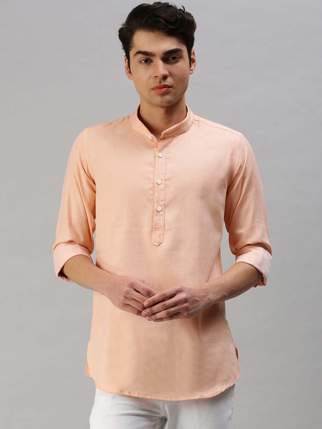 

Cross Court Woven Design Band Collar Pure Cotton Short Kurta, Orange