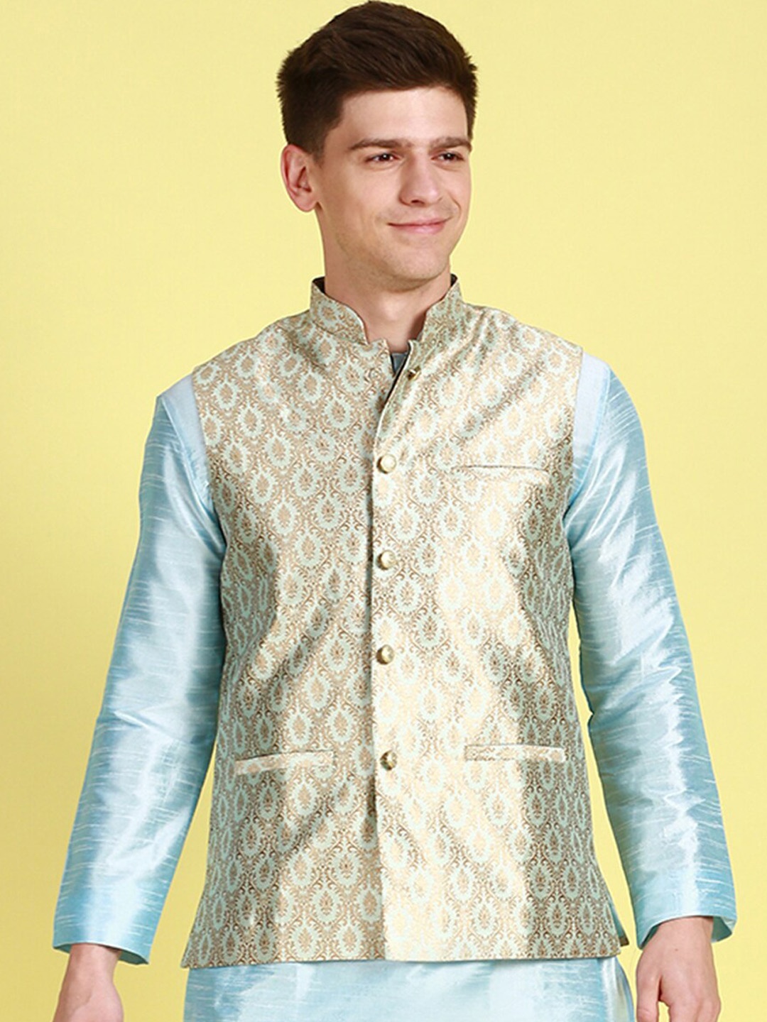 

Sanwara Men Woven Design Nehru Jacket, Gold