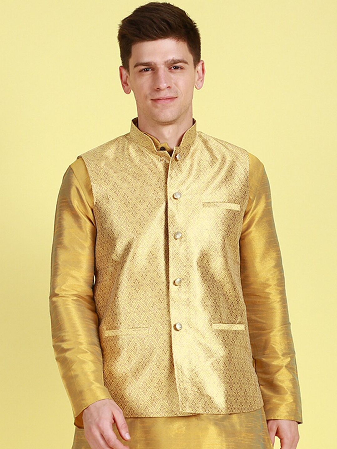 

Sanwara Floral Woven Design Nehru Jacket, Gold