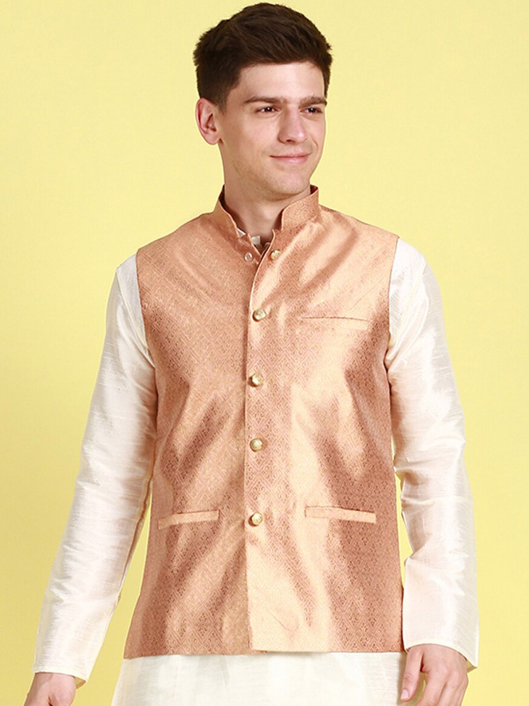 

Sanwara Floral Woven Design Nehru Jacket, Peach