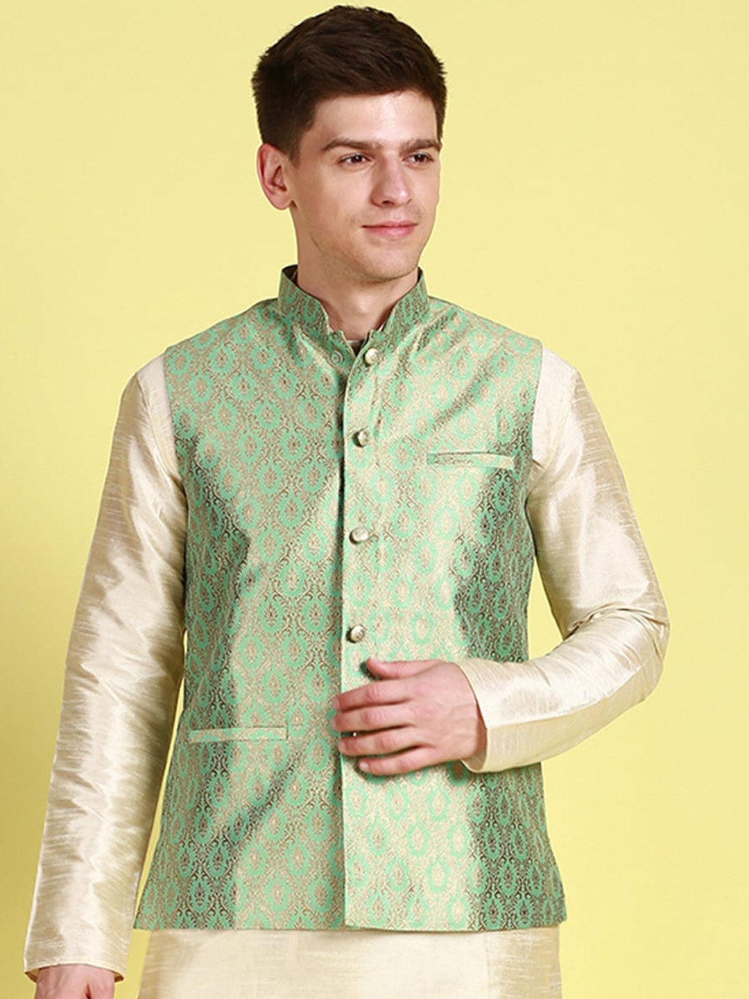 

Sanwara Ethnic Motifs Woven Design Mandarin Collar Nehru Jackets, Sea green