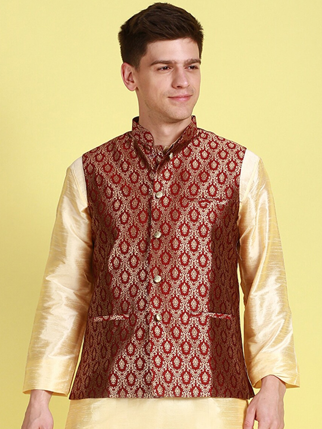 

Sanwara Ethnic Motifs Woven Design Mandarin Collar Nehru Jackets, Maroon