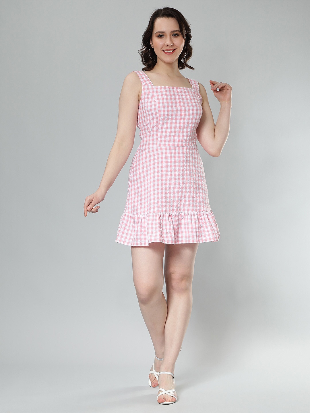 

NUEVOSDAMAS Shoulder Straps Checked A-Line Dress, Pink