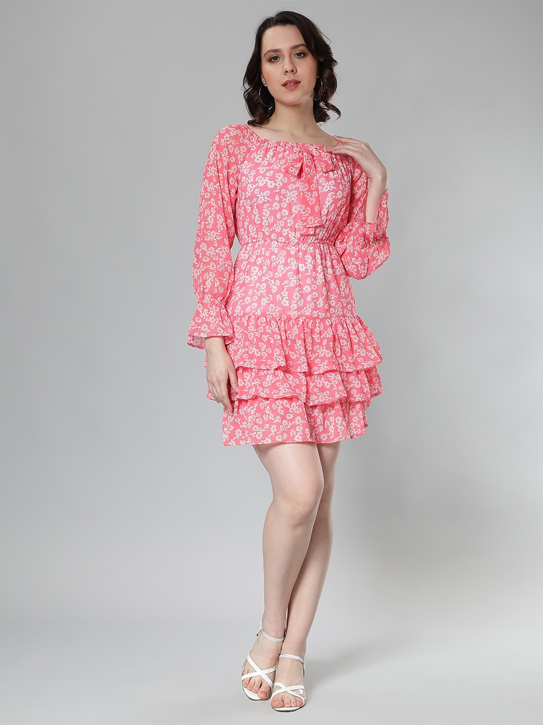 

NUEVOSDAMAS Floral Printed Off-Shoulder Bell Sleeve Georgette Fit & Flare Dress, Pink