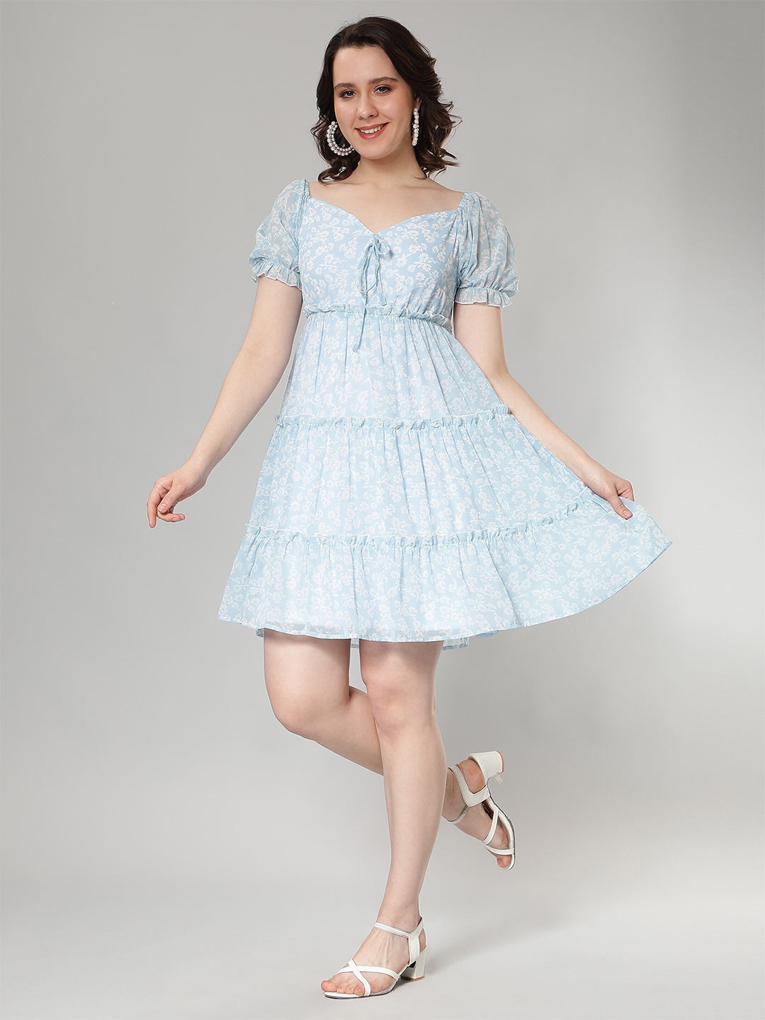 

NUEVOSDAMAS Floral Printed Georgette Empire Dress, Blue