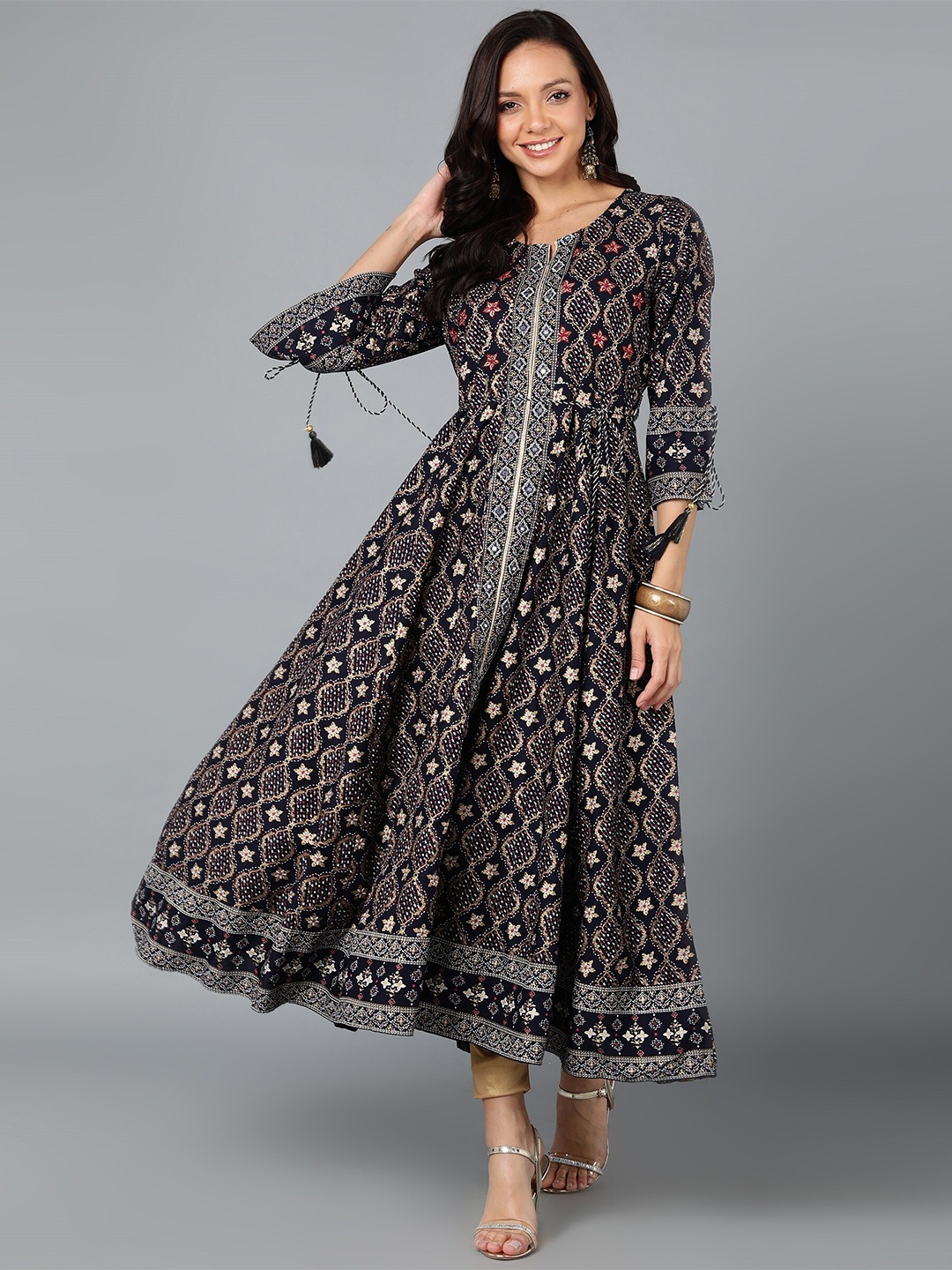 

Glorious Ethnic Motifs Printed Notched Neck Mirror Work Anarkali Kurta, Black