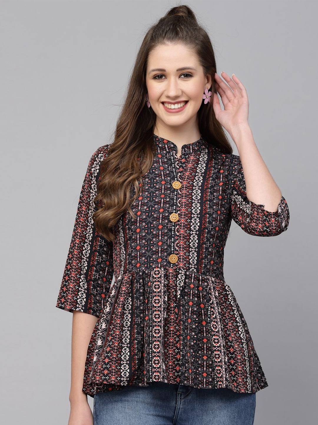 

Selvia Ethnic Printed Mandarin Collar Crepe Peplum Top, Black