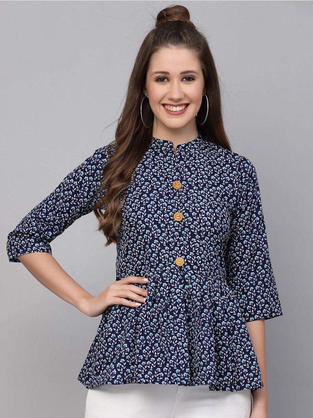 

Selvia Blue Floral Printed Mandarin Collar Crepe Peplum Top