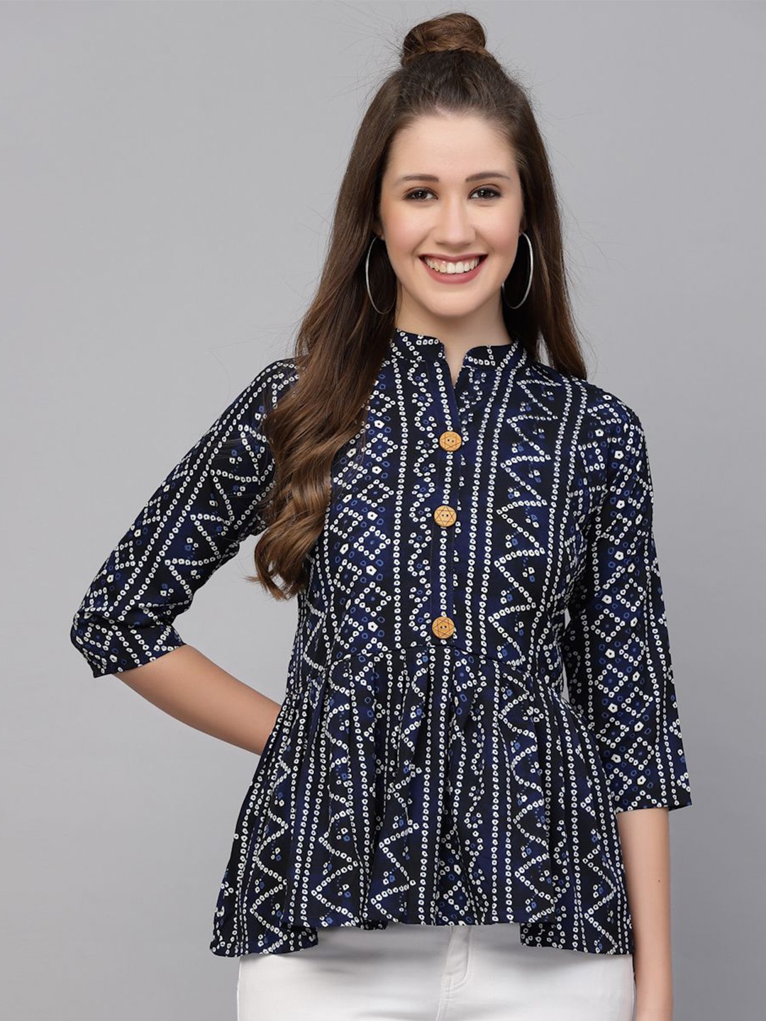 

Selvia Blue Bandhini Printed Mandarin Collar Peplum Top