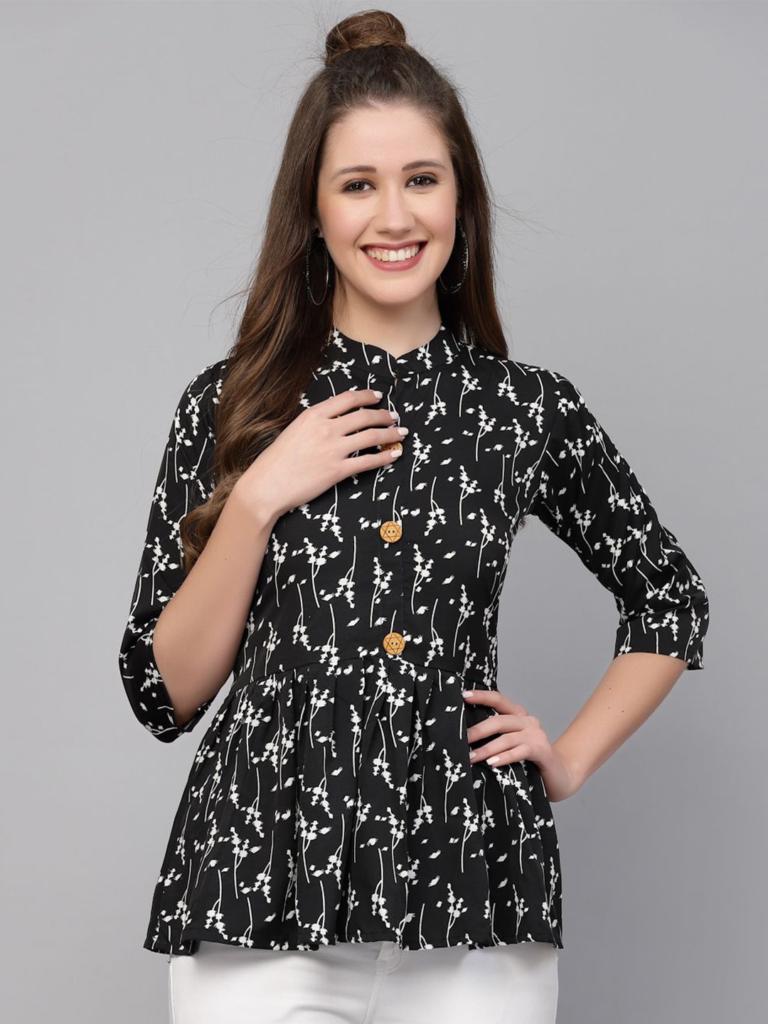 

Selvia Floral Printed Crepe Peplum Top, Black
