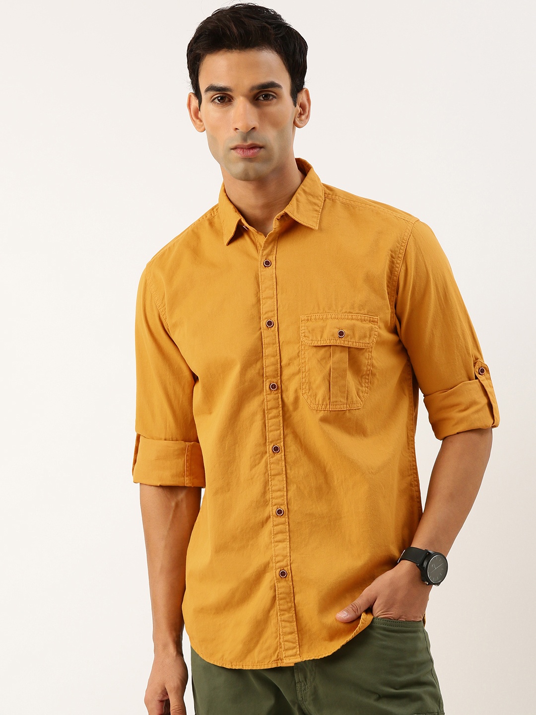 

IVOC Men Roll-Up Sleeves Casual Pure Cotton Shirt, Mustard