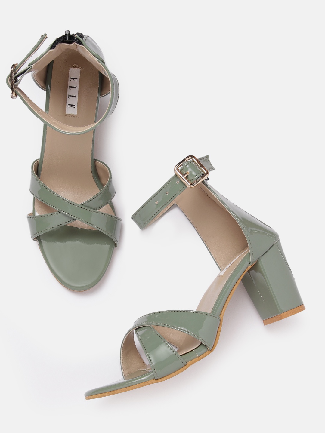 

ELLE Strappy Block Heels with Zip Detail, Green