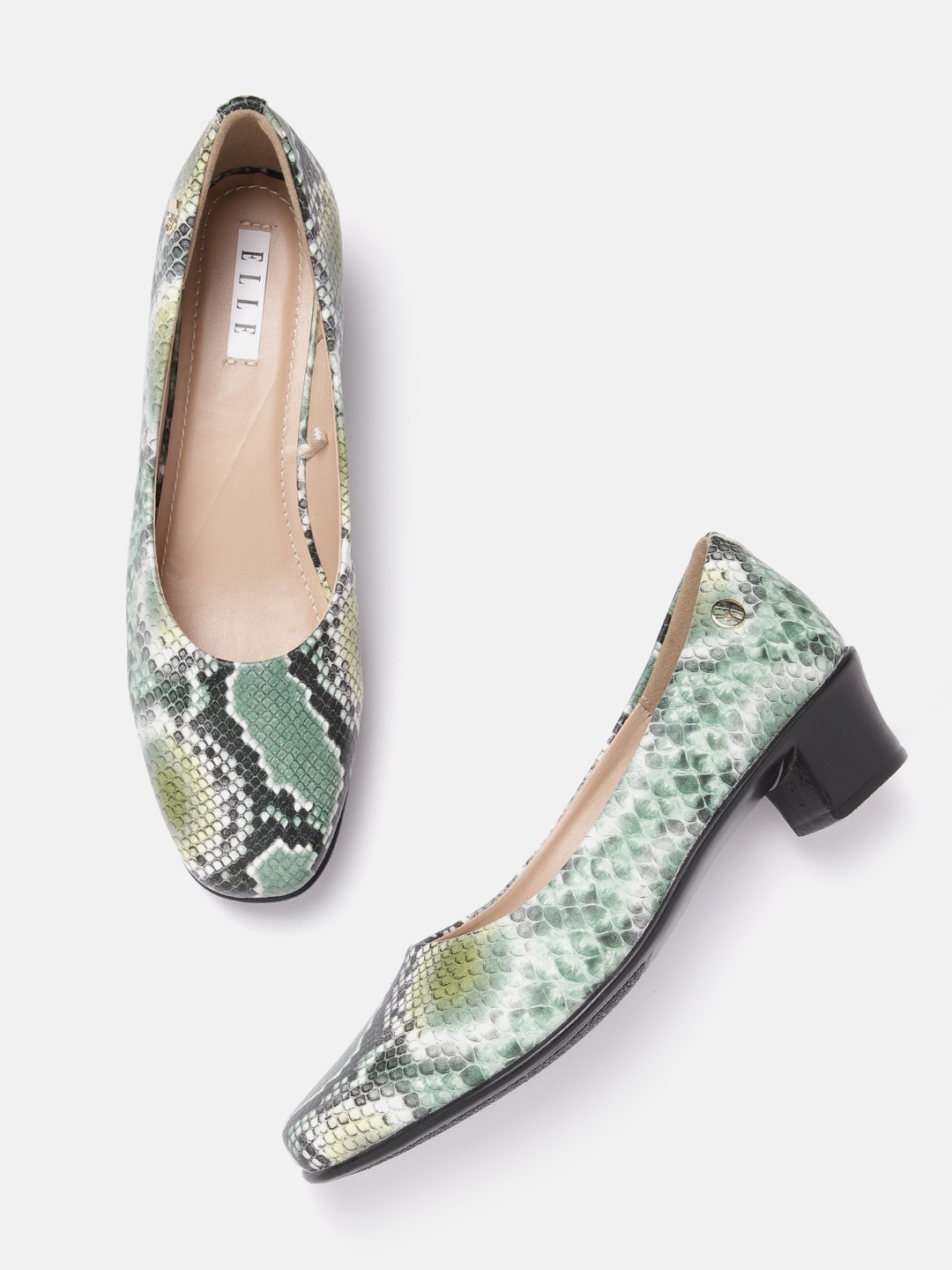 

ELLE Women Snake Skin Textured Block Heel Pumps, Green