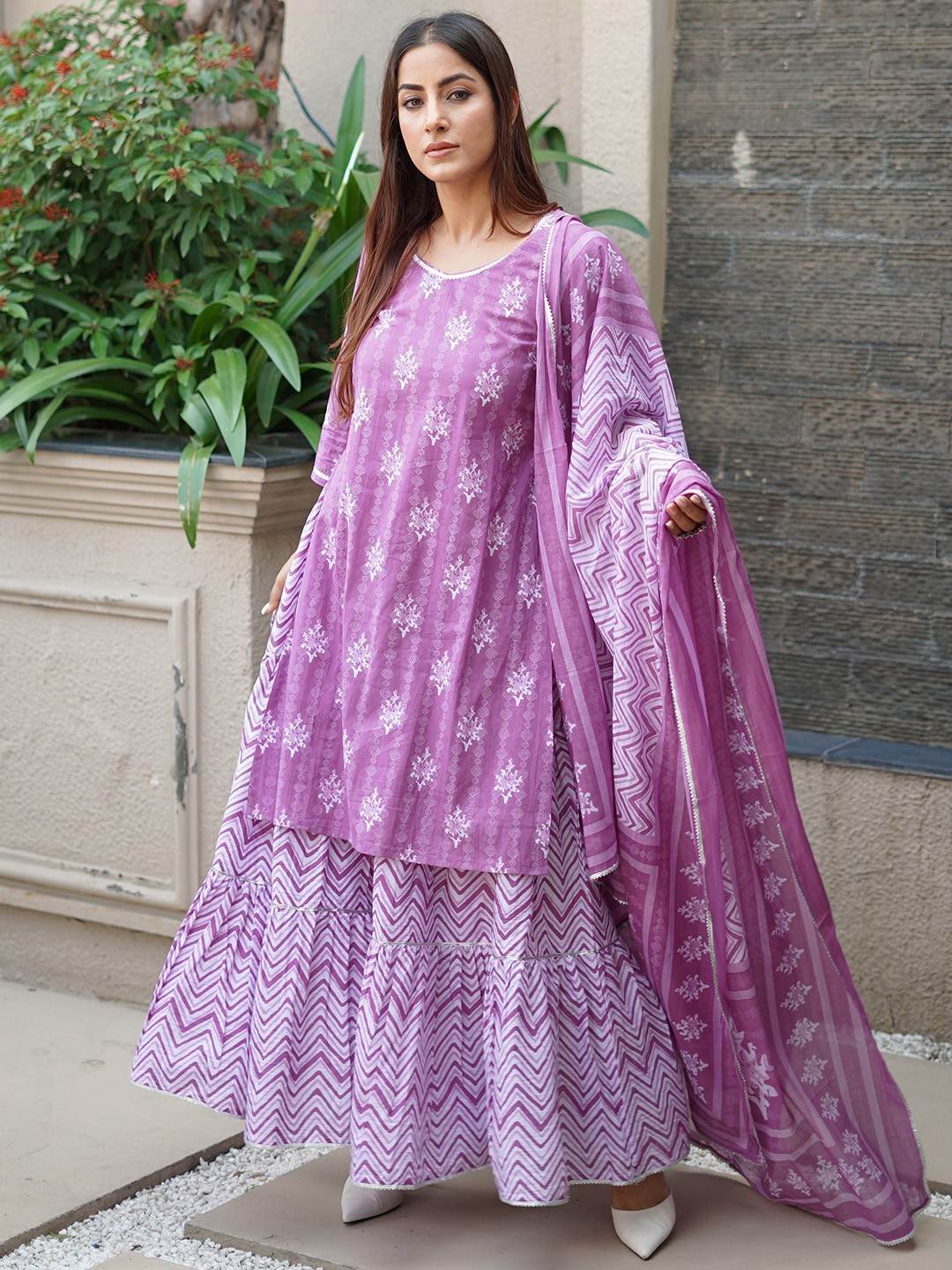 

Libas Printed High Slit Gotta Patti Pure Cotton Kurta with Skirt & With Dupatta, Purple