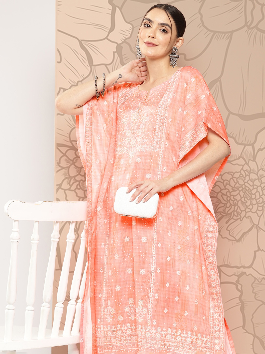 

Libas Ethnic Motifs Printed Sweetheart Neck Kaftan Kurta With Trousers, Coral