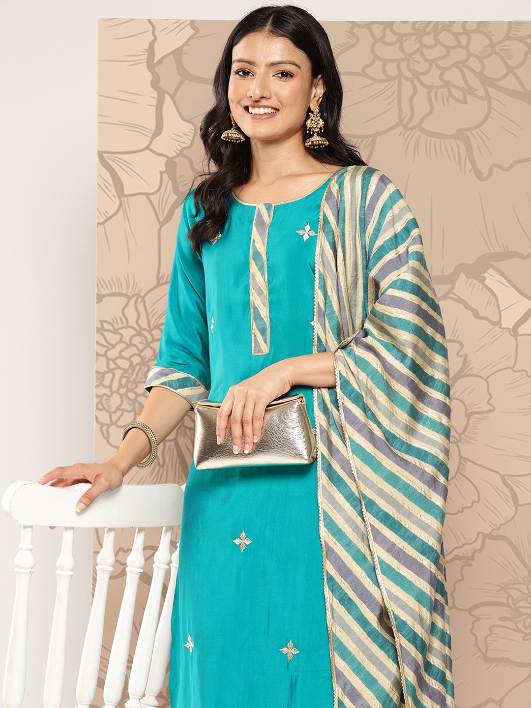 

Libas Floral Embroidered Regular Gotta Patti Kurta With Trousers & Dupatta, Blue