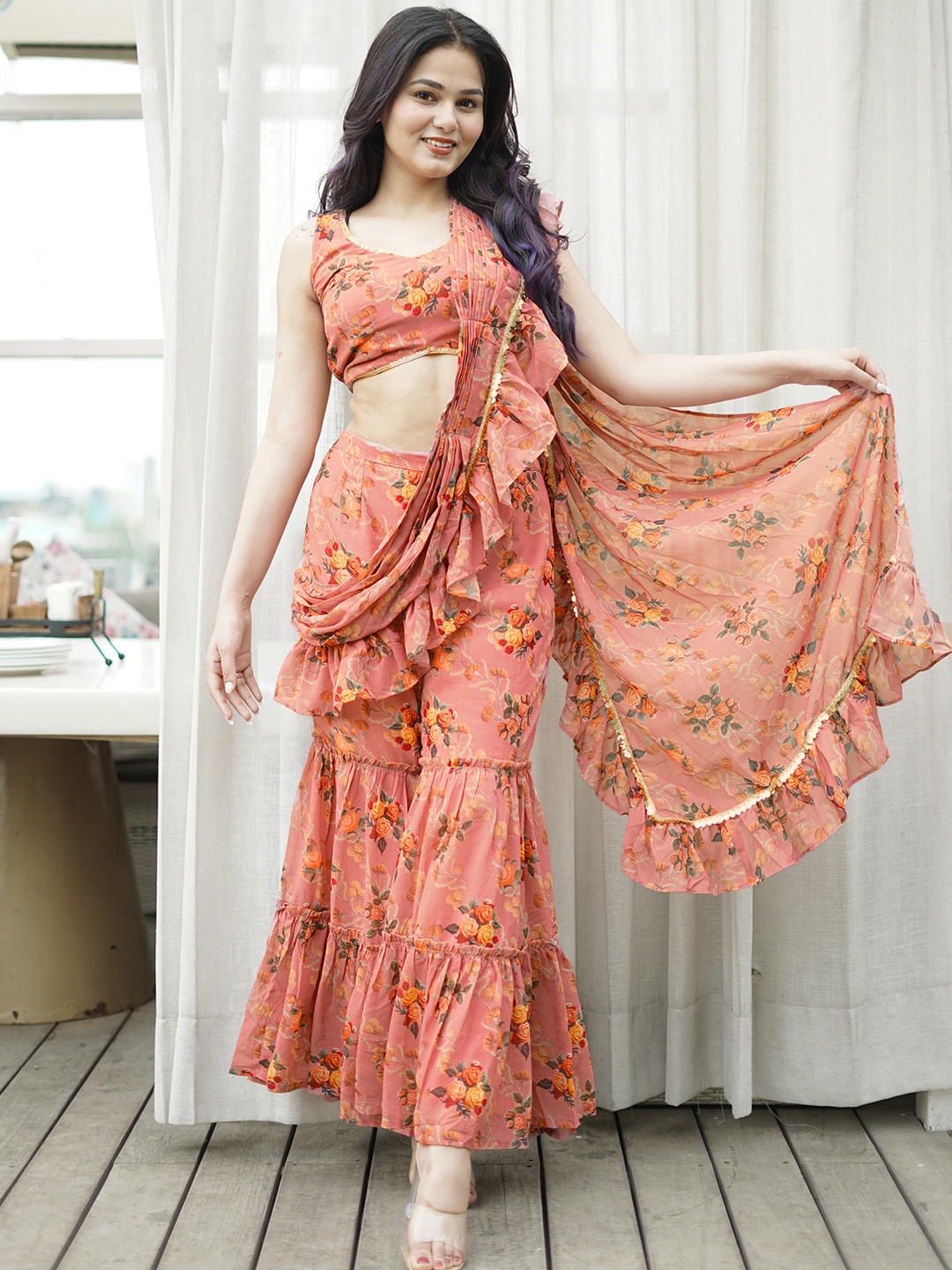 

Libas Pink Floral Gotta Patti Pure Georgette Palazzo Saree