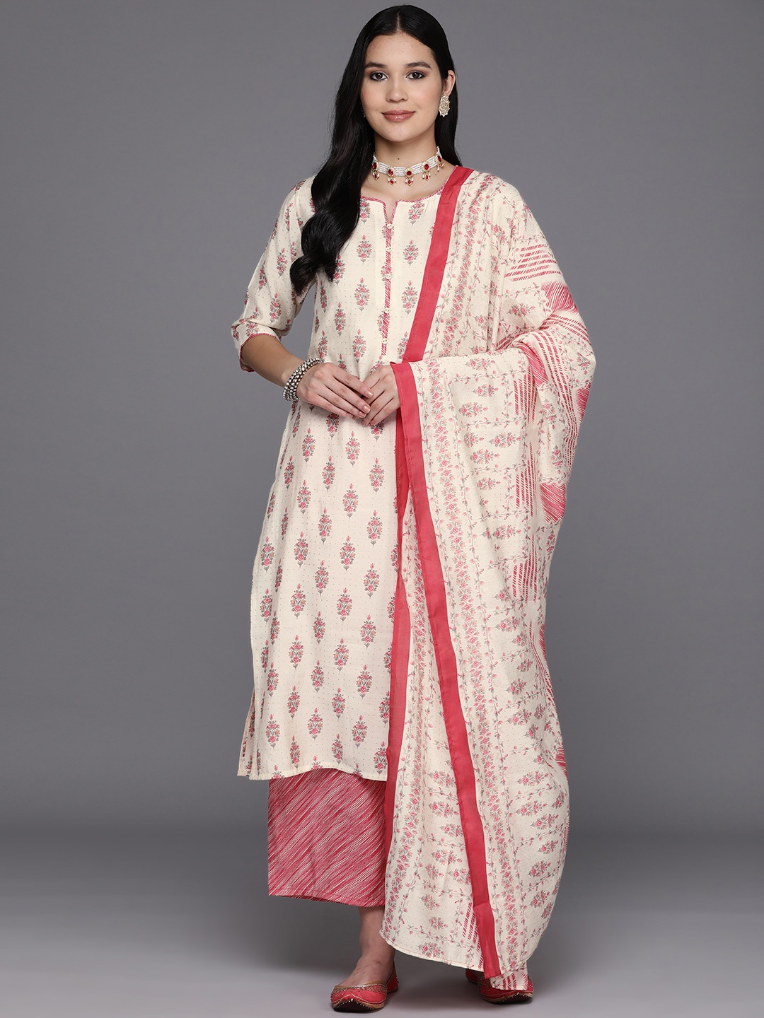 

Libas Floral Printed Sweetheart Neck Kurta With Palazzos & Dupatta, Cream