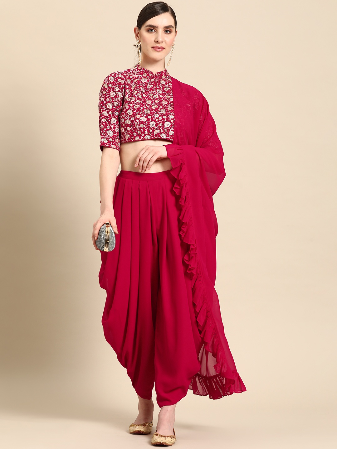 

Libas Pure Georgette Ruffled Detail Dhoti Saree with Stitched Blouse, Magenta