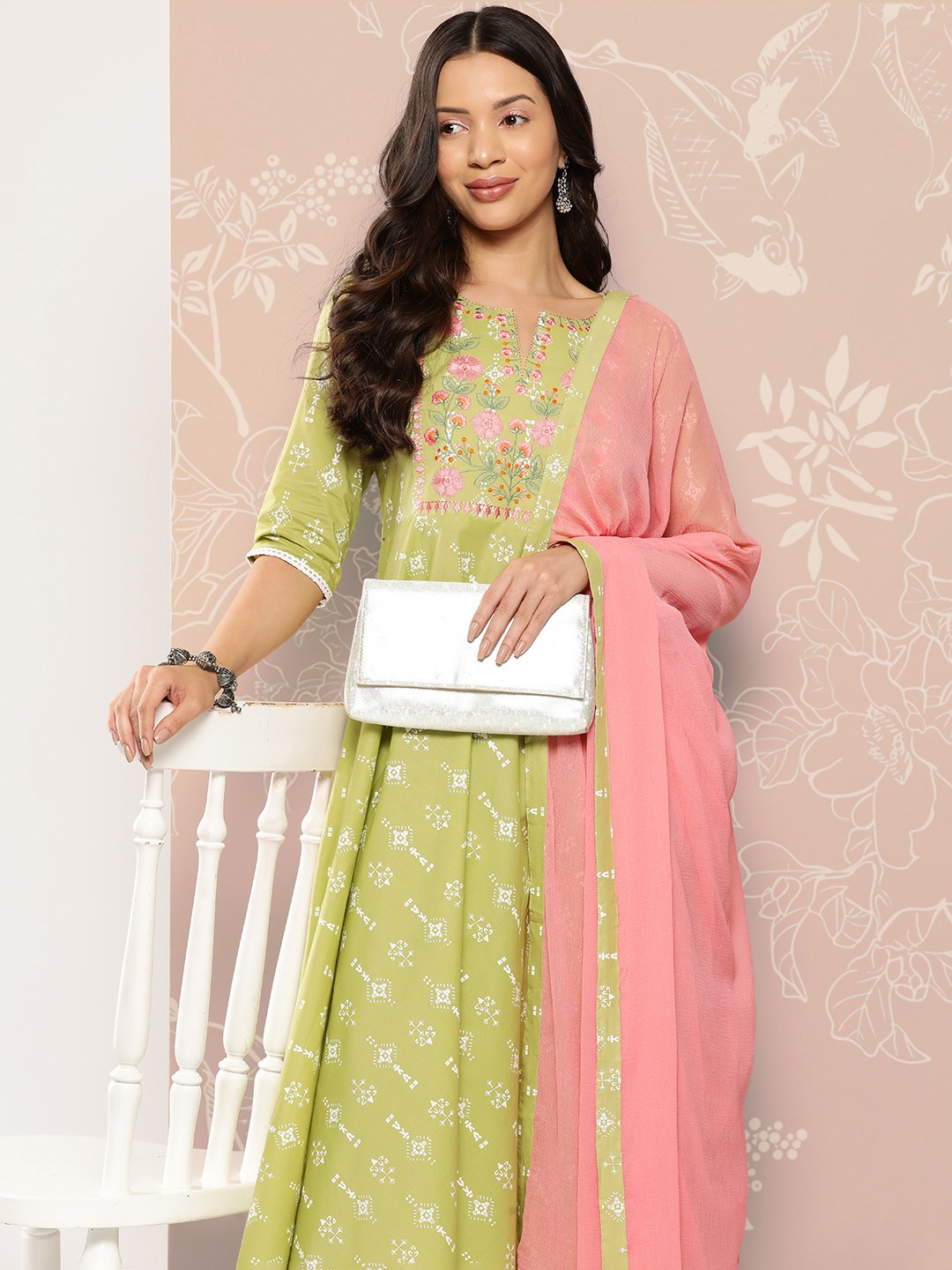 

Libas Women Floral Yoke Design Thread Work Pure Cotton Kurta with Churidar & With Dupatta, Green