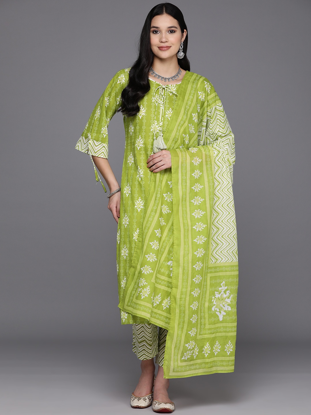 

Libas Ethnic Motifs Printed Regular Pure Cotton Kurta With Trousers & Dupatta, Lime green