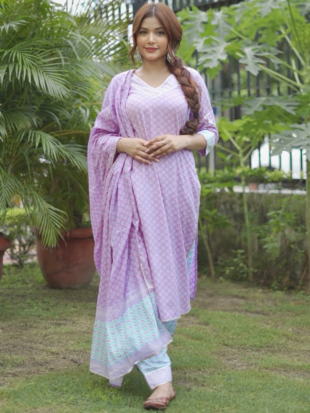 

Libas Floral Printed Regular Gotta Patti Pure Cotton Kurta With Salwar & Dupatta, Lavender