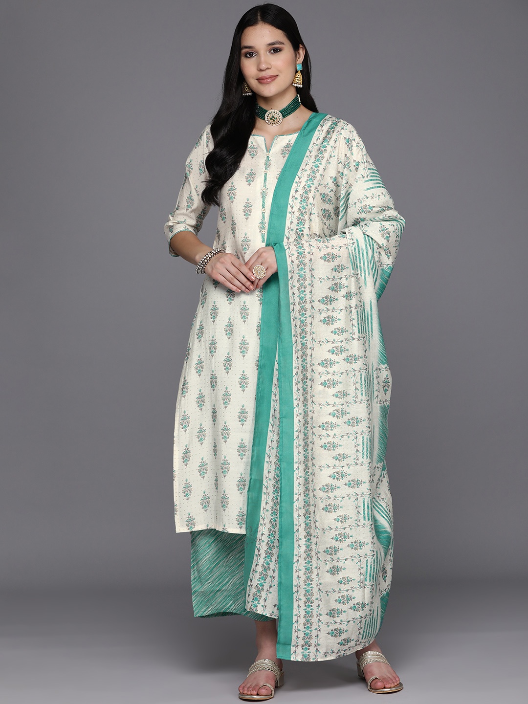

Libas Ethnic Motifs Printed Sweetheart Neck Kurta With Palazzos & Dupatta, Cream