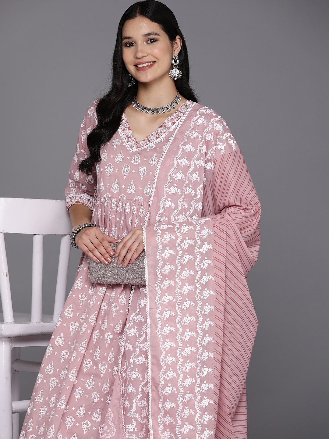 

Libas Ethnic Motifs Printed High Slit Pure Cotton Kurta With Trousers & Dupatta, Mauve