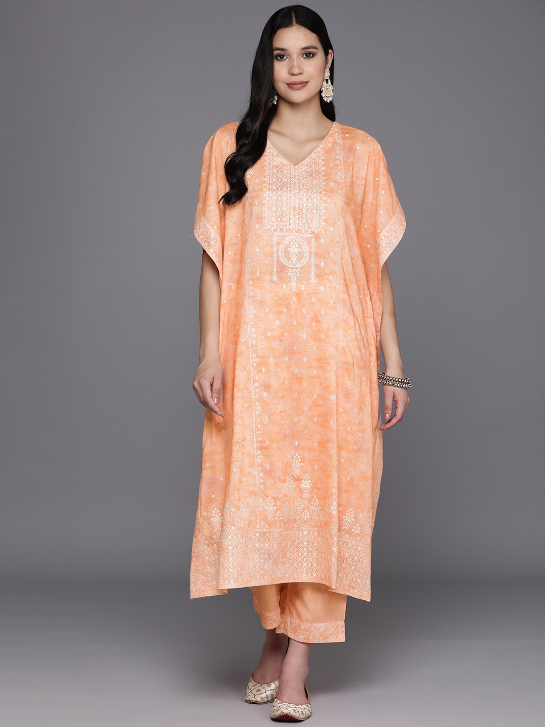 

Libas Ethnic Motifs Printed Kaftan Kurta With Trousers, Orange