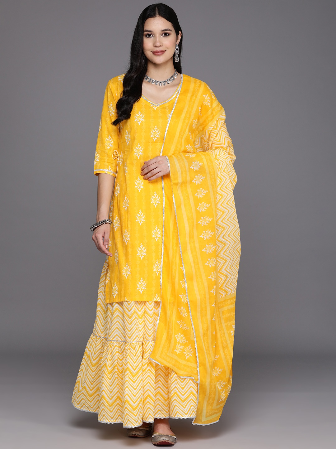 

Libas Ethnic Motifs Printed High Slit Gotta Patti Pure Cotton Kurta With Skirt & Dupatta, Yellow