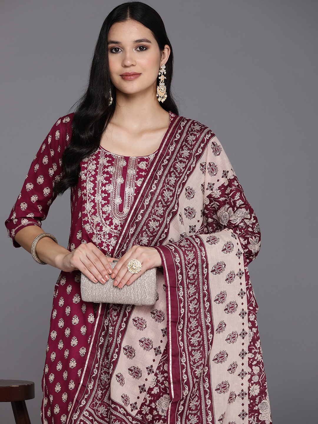 

Libas Floral Yoke Design Regular Gotta Patti Pure Cotton Kurta With Sharara & Dupatta, Burgundy