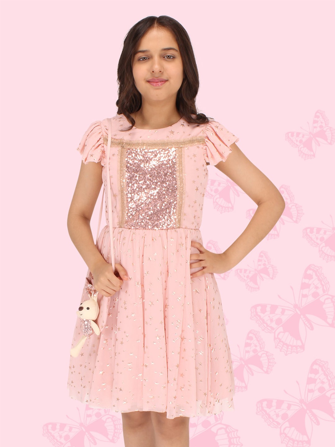 

CUTECUMBER Embellished Net Fit & Flare Dress, Pink