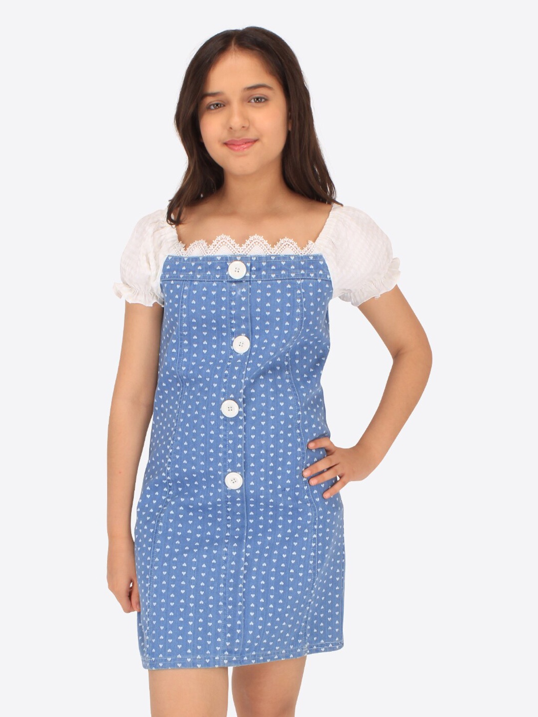 

CUTECUMBER Printed Denim A-Line Dress, Blue